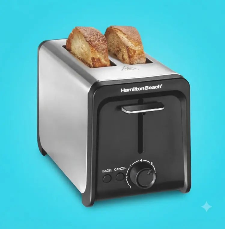 Hamilton Beach Contemporary 2 Slice Toaster Wide Slots Bagel Function Stainless Steel Soft Lightweight Toasters