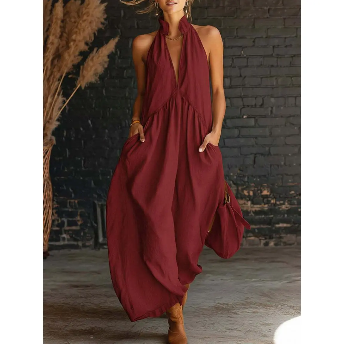chinese dress ladies Zeagoo Women's Casual Print Loose Fit Sleeveless Halter Neck Maxi Dres –  ZEAGOO main image 0