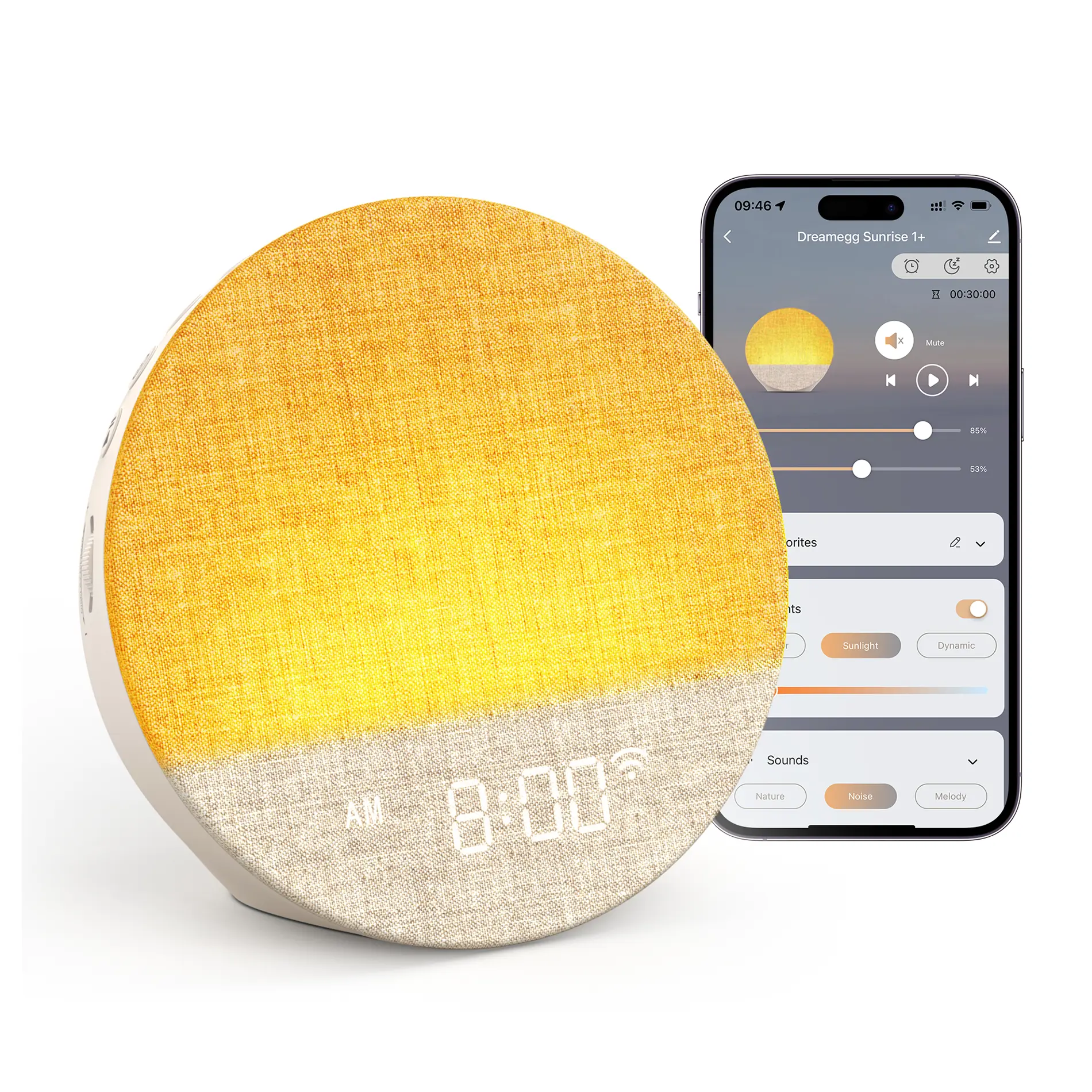 Dreamegg Round Shape Compact Decorative Alarm Clock - 1 Unit, App Control, Wake Up Light, Sound Alarm, Sleep Aid Sounds, Evening Night Light, No Battery, No Magnets, for Desk Bedroom Home Decor