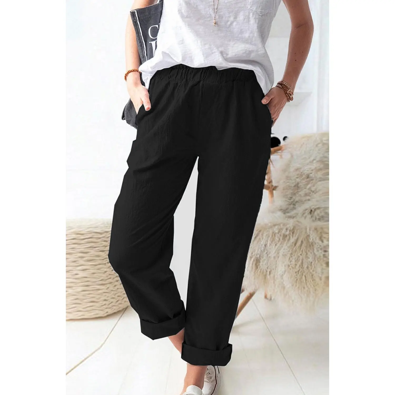 Paperbag Waist Pull-On Pants with Pockets