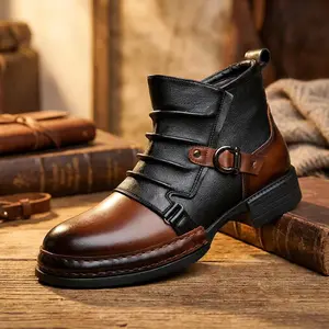 British vintage brown-black colorblock Chelsea men’s boots with distressed details and metal buckles; motorcycle boots with thick height boost; casual workwear boots; versatile for all seasons, comfortable, non-slip, fashionable men’s shoes/boots.