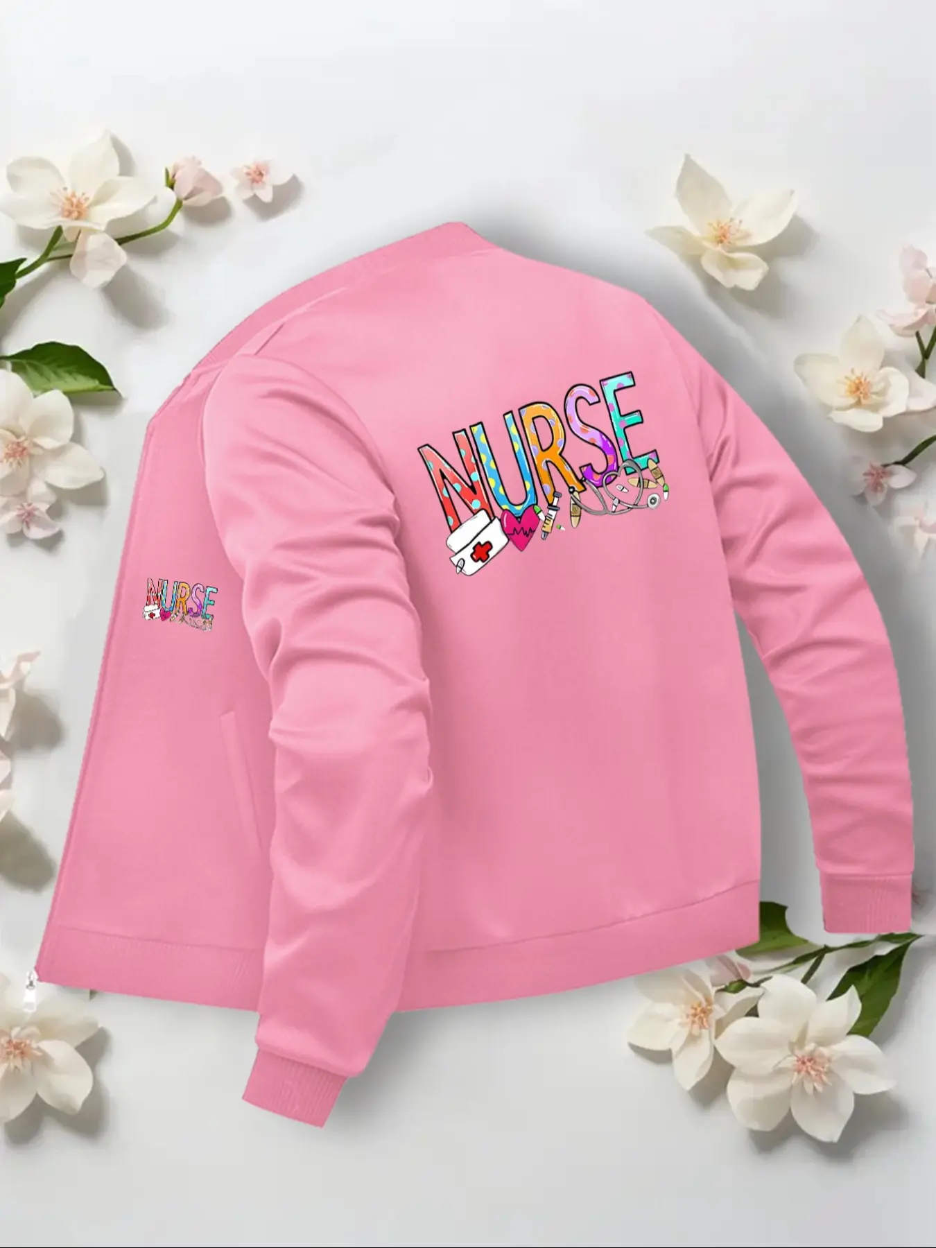 Women's Casual Graphic Long Sleeve Jacket, Fitted Zipper Cardigan for All Seasons, Stylish Nurse Coat with Baseball Collar, Unique Layering Piece Outerwear