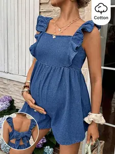 MaterniRIO Maternity Denim Jumpsuit - Cute Flared Sleeves & Ruffle Strap Babydoll Overalls for Summer Vacation & Y2K Style