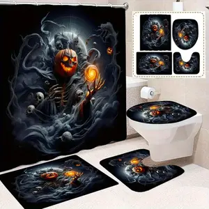 1/ 4 Set of Halloween Pumpkin Devil Printed Bath Curtain Set, Non-Slip Bathroom, U-Shaped, Toilet Seat Cover, Machine Washable Nylon Bath Curtain Cord with 12 Durable Hooks (70.8X70.8 Inches), Bathroom Decorations And Additions, Suitable