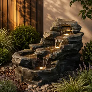 Tankana Summer Electric Outdoor Rock Waterfall Fountain with LED Lights, Cascading Water Feature for Garden, Patio, Backyard, Porch & Indoor Home Decor