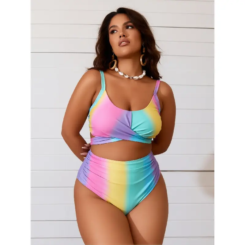 New Plus Size Rainbow Gradient Crisscross Bikini, Two-Piece Swimsuit for Beach and Pool Activities