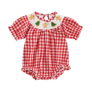 0-3T Baby Girl Christmas Clothes Santa Romper Onesie Plaid Gingerbread Short Sleeve Smocked Romper Xmas Bodysuit