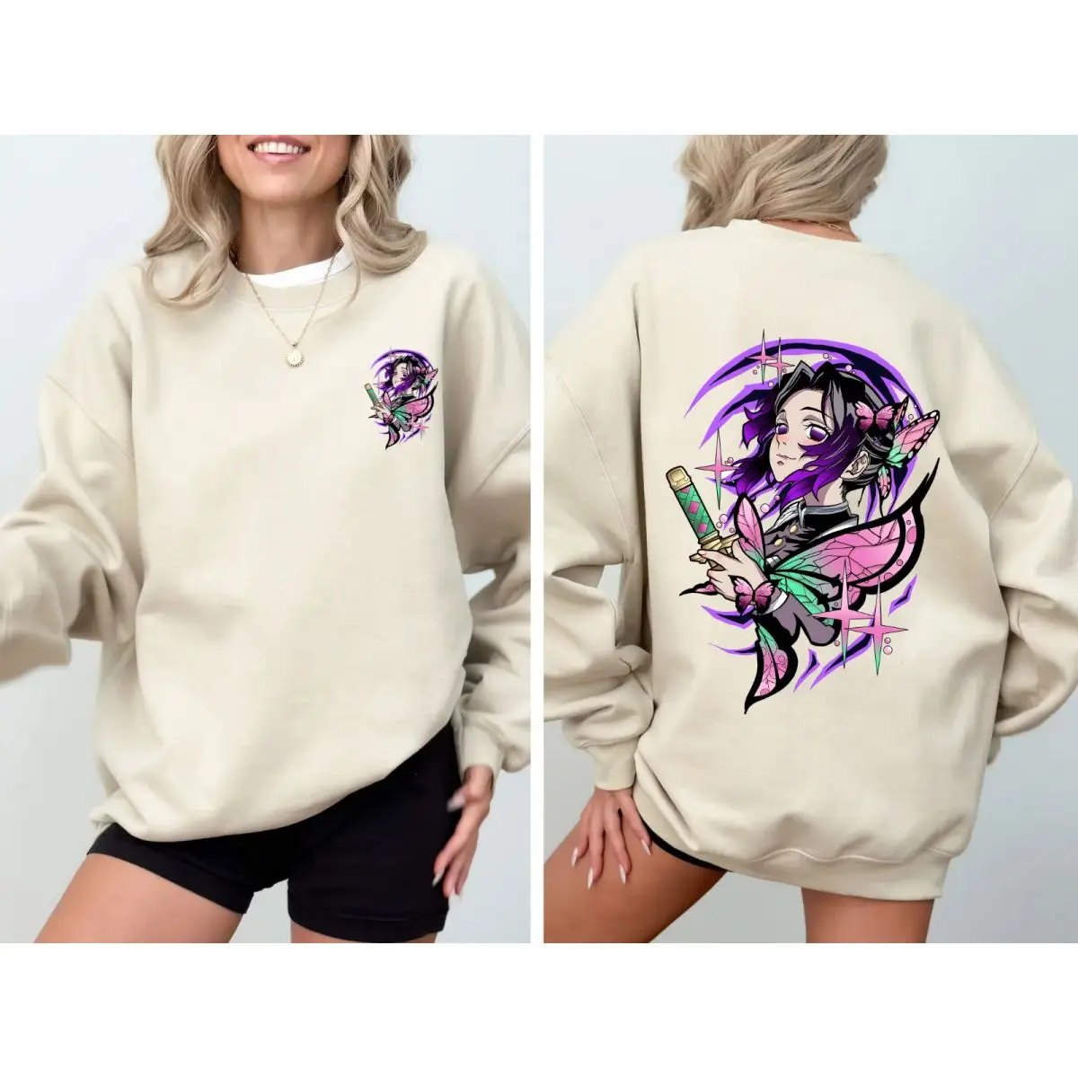 Shinobu Demon Slayer 2 Sided Sweatshirt, Shinobu Kocho Shirt, Shinobu Hoodie, Gift For Kny Fans, For Men, For Women, Unisex Sweater Pullover Tee