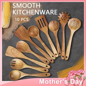 Wooden Kitchen Utensil Set 10pcs Kitchen Cooking Set Used for Non Stick Frying Pans Wooden Utensils For Cooking with Spoons and Frying Pans