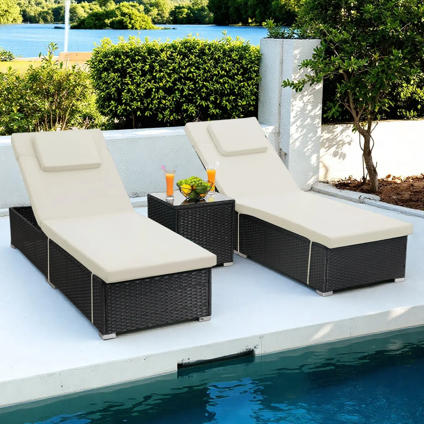 3 Piece Set; Includes 2 Wicker Chaise Lounge Chairs for Outdoors with Matching Side Table, Idea Oversized Reclining Patio Lounger with Washable Cushions, tiktokshopspringglowup summerwins