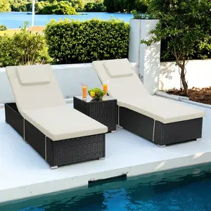 3 Piece Set; Includes 2 Wicker Chaise Lounge Chairs for Outdoors with Matching Side Table, Idea Oversized Reclining Patio Lounger with Washable Cushions,