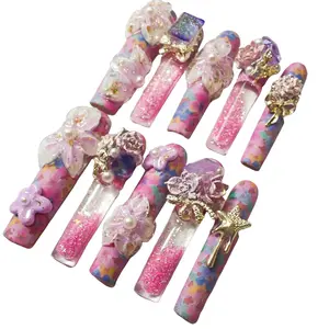 Jmnail1.6-2.1 Inches Water Nails 10Pcs Handmade Acrylic Art Flower Beautifull Nails Polish Extra Party Luxury Fashion Comfortable and Reusable Nails with Premium Nail Glue Sticky Tabs Nail File Cleaning Alcohol Wipe Precision Cuticle Tool