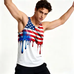 Menswear Polyester Blend 3D Dripping American Flag Print Tank Top - Sleeveless, Flexible-Fit Athletic Activewear for Gym, Summer Casual Vest