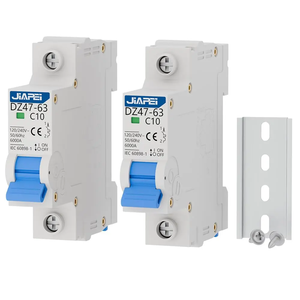2 Pack Miniature Circuit Breaker, 1 Pole 10 Amp, 120V/240V AC, Thermal Magnetic Trip MCB C10, DIN Rail Mount