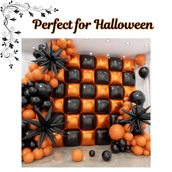 36PCS Black & Orange Square Foil Balloons Wall Backdrop with 147PCS Balloon Garland Arch Kit – Halloween Party, Birthday & Baby Shower Decorations