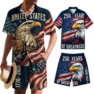 2026 USA 250th Anniversary Hawaiian Shirt and Shorts Set for Men, 1776-2026 250 Years Independence Day Outfit, Bald Eagle Statue of Liberty American Flag Floral Print Beach Vacation 2 Piece Suit 2XS-6XL