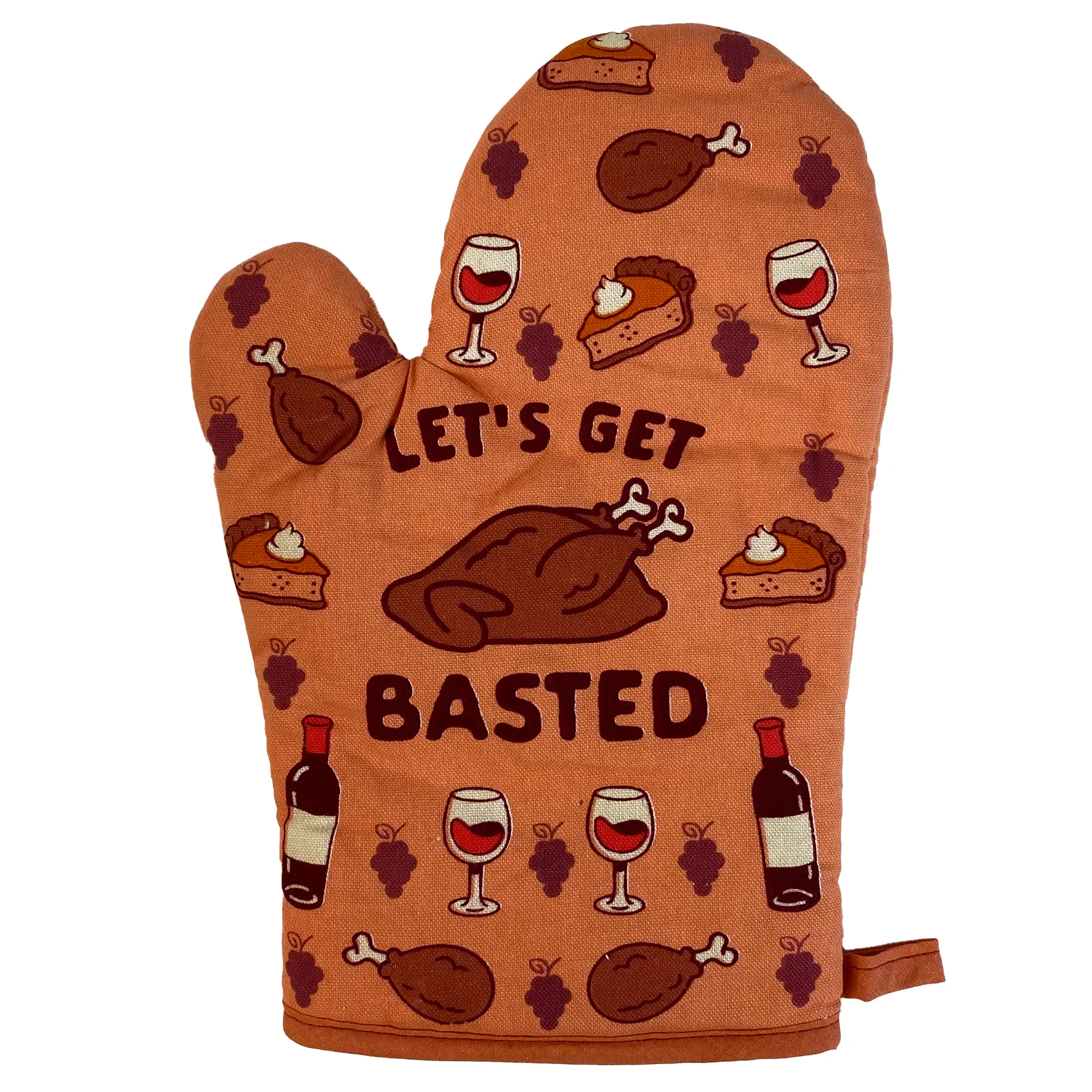 CRAZY DOG T-SHIRTS Let's Get Basted Orange Oven Mitt, Funny Thanksgiving Wine Drinking Feast & Football Graphic Novelty Kitchenware for Baking & Cooking