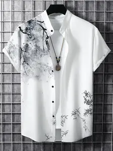 Men's Regular Fit Leaf & Floral Print Button Front Shirt without Tee & Necklace, Casual Comfy Short Sleeve Stand Collar Top for Spring & Summer, National Day Clothing, Casual Stylish Menswear, Fashion Men's Clothes for Daily Wear