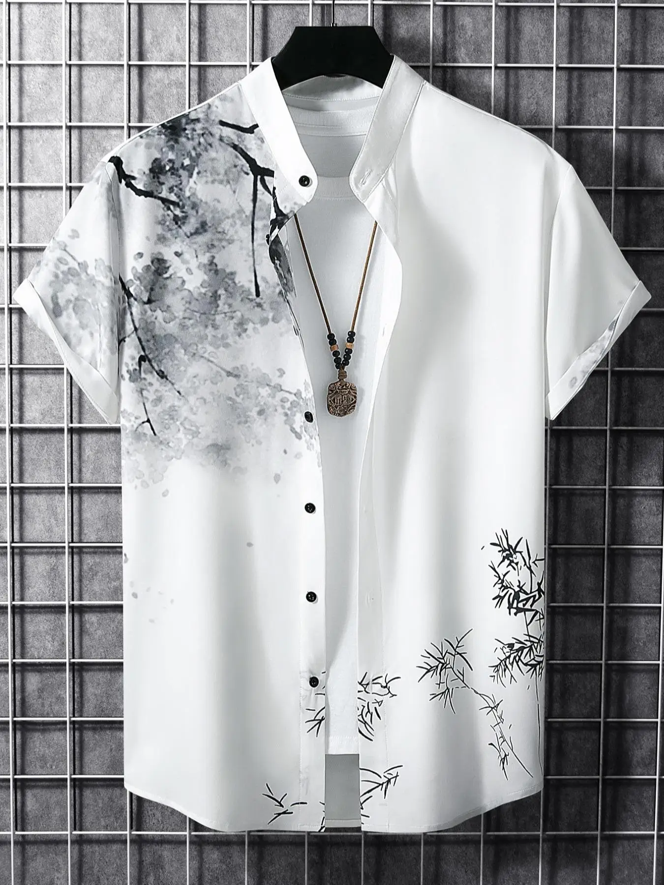 Men's Regular Fit Leaf & Floral Print Button Front Shirt without Tee & Necklace, Casual Comfy Short Sleeve Stand Collar Top for Spring & Summer, Natio