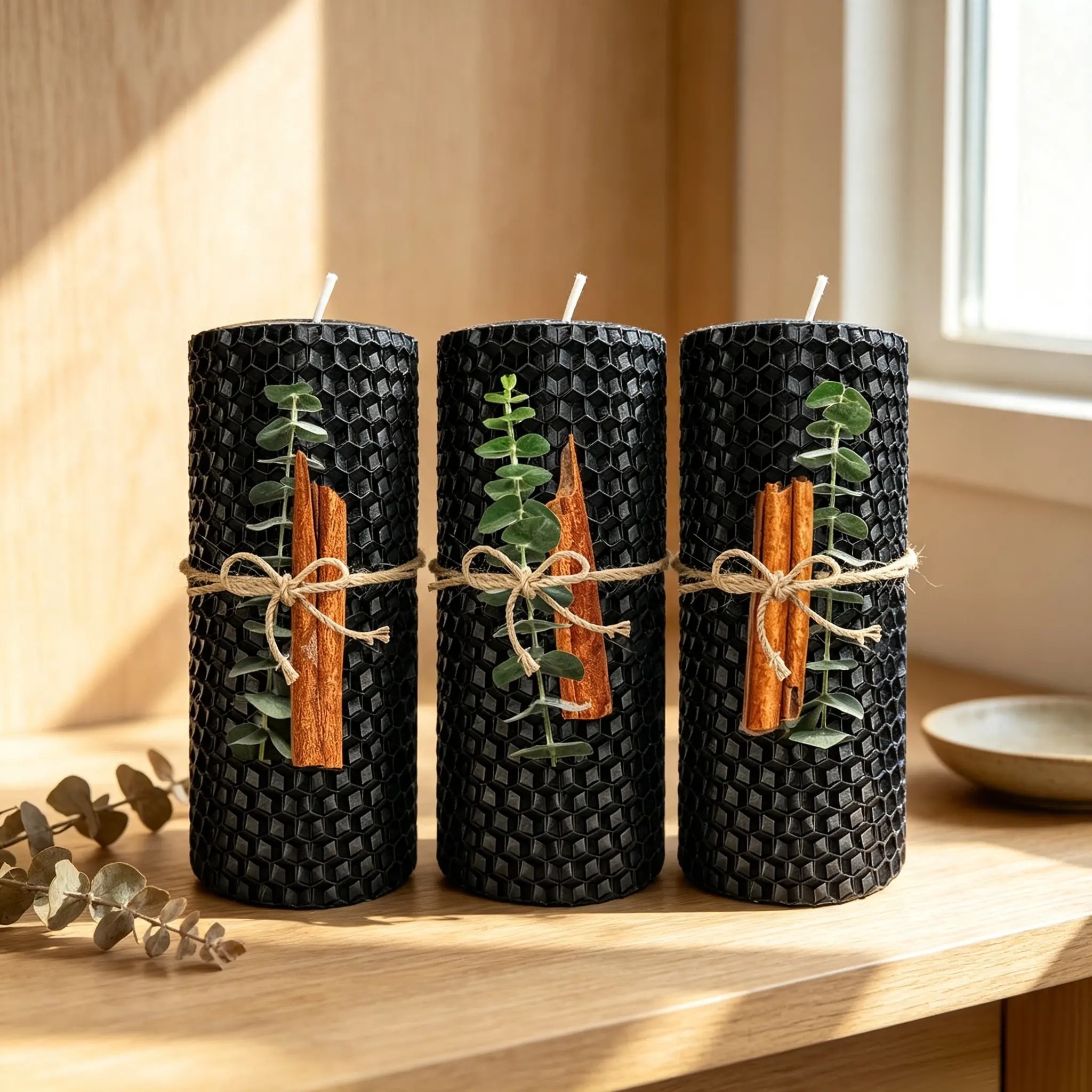 10x5cm cinnamon & eucalyptus decorated beeswax pillar candles, 3-pack unscented dripless smokeless large candles, black/purple/red/yellow multi color options, for holiday table decor, dinner party & warm cozy home ambiance decoration