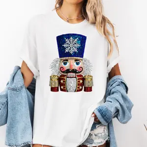 Faux Rhinestone Nutcracker Comfort Color Shirt, Everyday Womenswear Christmas Short Sleeves Tshirt
