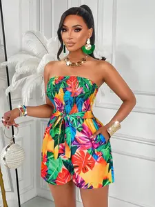 Summer New Tropical Print Halter One-Piece Shorts for Women, Backless Elastic High Waist Belt Tie Wide Leg, Beach Party Date Travel Fashion