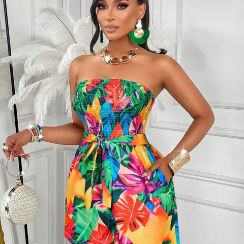 Summer New Tropical Print Halter One-Piece Shorts for Women, Backless Elastic High Waist Belt Tie Wide Leg, Beach Party Date Travel Boho Bohemian Fashion