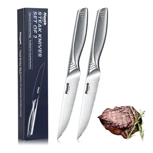 Huusk knives 4.5" Japanese Stainless Steel Serrated Steak Knives Set of 2, Sharp Dinner Knives for Kitchen Table Use, Dishwasher Safe and Packed in a Gift Box,FallFreshness