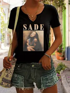 Women's Summer V Neck Fit T-Shirt, Sade Adu Vintage Portrait Print Tee, Casual Retro Music Theme Top, Soft Lightweight Women's Clothing