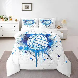Volleyball Comforter Sets Games Bedding Set,Kids Girls Women,Adults Blue Watercolor Comforter,Volleyball Sports Quilted Duvet Set,Bedroom