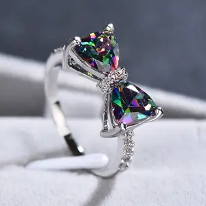 RING4U - Huitan Personality Multi-colored CZ Bow Rings for Women Fancy Bride Wedding Ceremony Party Finger-ring Nice Gift Fashion Jewelry