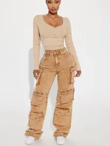 Devoted To It Stretch Cargo Straight Leg Jeans - Brown