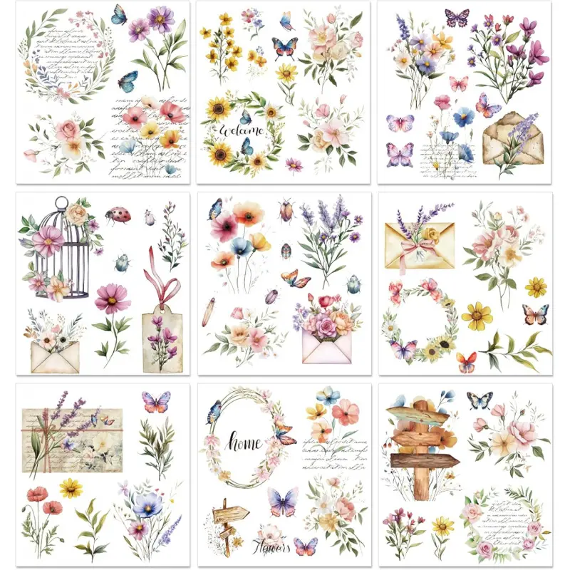 9 Sheets Floral Rub on Transfers for Crafts, Envelop Text Furniture Transfer Stickers Vintage Rub on Stickers Decals for  Dressers Cabinet Glass Porcelain DIY Home Decor, 5.9" x 5.9"