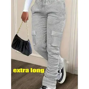 Women's Solid Drawstring Elastic Waist Extra-long Sweatpants, Casual Relaxed Comfortable Flap Pocket Sweat Pants for Fall, Cargo Sweats for Women Lady, Pants for Women,?Women's Trousers Clothes for Daily Wear, Pants for Women（gift）