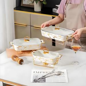 marble pattern ceramic stockpot with lid & handle, multifunctional baking dish, food storage box, kitchen cookware for home use