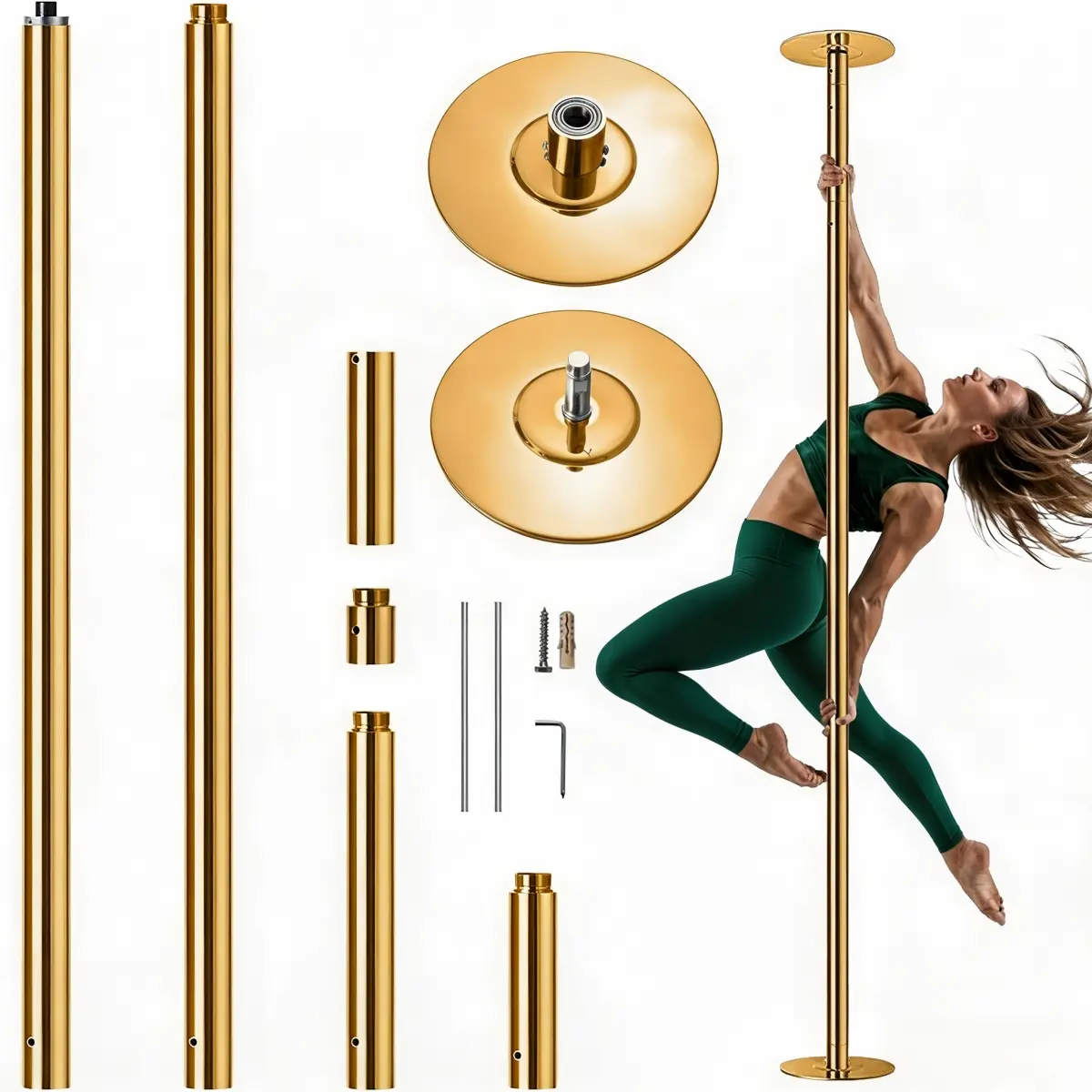Professional Dancing Pole in Golden Powder-Coated Steel, Spinning & Static Dual Modes, Adjustable 85-108.5 in, 441 lbs Capacity for Dance Studio & Home Use
