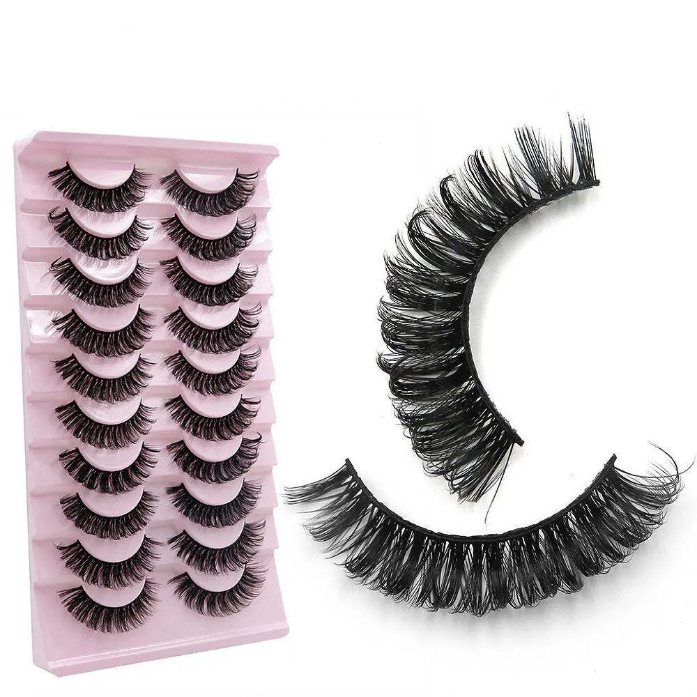 Thick False Eyelashes, 10 Pairs Long & Fluffy D Curl False Lashes, Wispy Cat Eye Look Faux Cluster Lashes, Natural Curling Eye Makeup Strip Lashes, Cosmetic False Lashes, False Eyelash Set