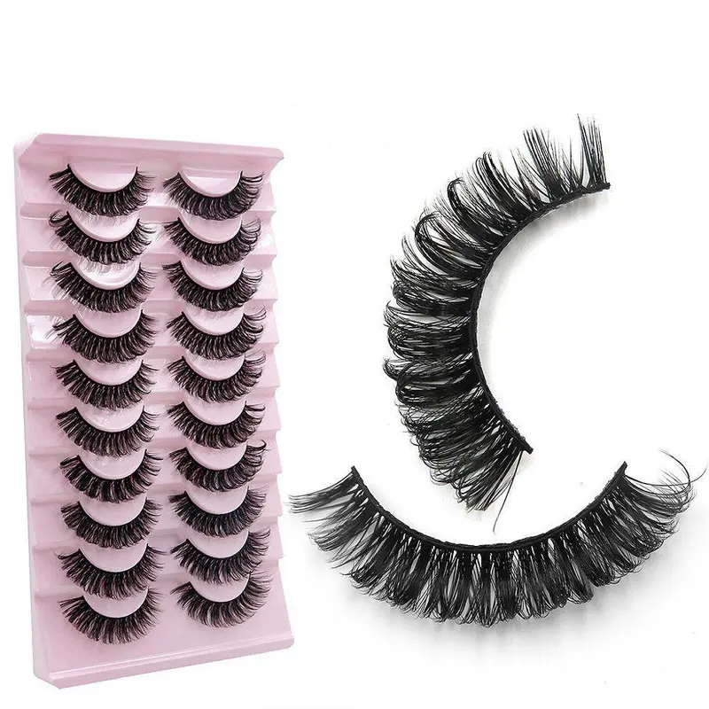 Thick False Eyelashes, 10 Pairs Long & Fluffy D Curl False Lashes, Wispy Cat Eye Look Faux Cluster Lashes, Natural Curling Eye Makeup Strip Lashes, Cosmetic False Lashes, False Eyelash Set