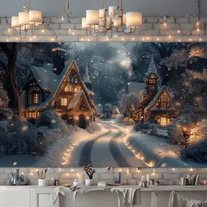 Winter Wonderland Wall Tapestry, Snowy Christmas Town Scenery Backdrop, Large Holiday Decor for Living Room, New Year Party Photo Background