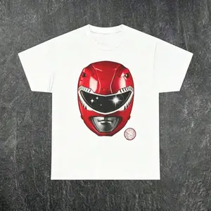 Trending Sparkly Red Ranger Helmet Mighty Morphin Power Rangers Graphic T‑Shirt, Retro 90s Nostalgia Y2K Streetwear Oversized Tee, Casual Top for Men Women