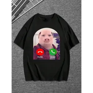 Men's Pig Print Round Neck Graphic Tee, Regular Fit Casual Short Sleeve T-Shirt for Summer, Men's Top for Daily Wear