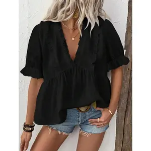 PlusSizeWomenV-NeckRuffledLoosePuffSleeveShirtShortsleeveBlouses