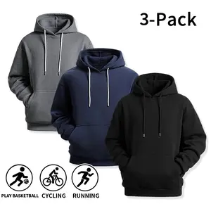 3-Pack Basic Plain Hoodies for Men, Soft Fleece Long-Sleeve Hooded Sweatshirts, Multicolor Athletic Workout Pullovers