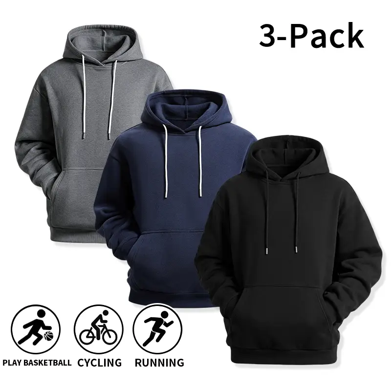 Men's 3-Pack Basic Classic Stylish Hoodies, Soft Fleece Long-Sleeve Breathable Hooded Sweatshirts, Multicolor Menswear Tops for Athletic Workout Pullovers, Casual