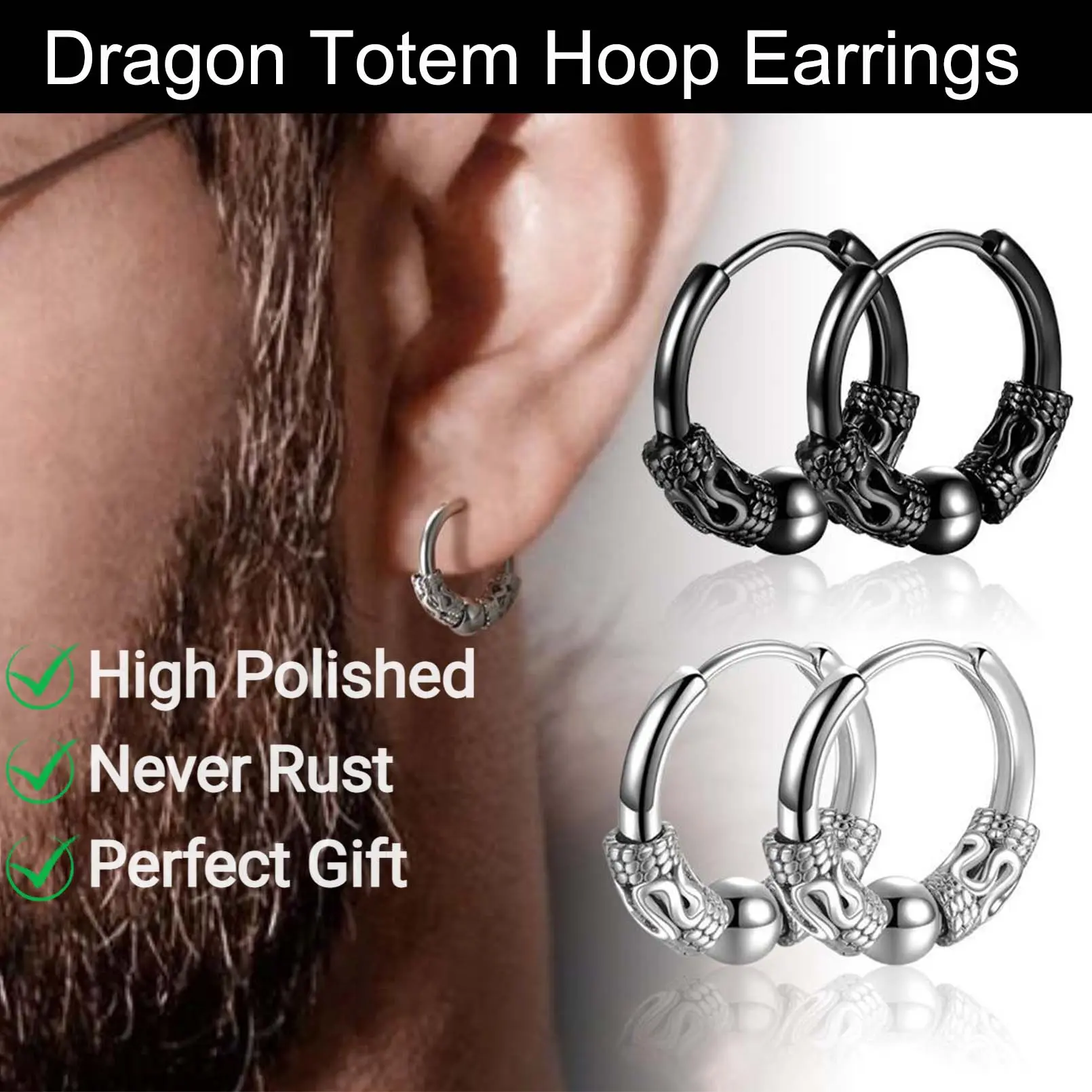 FaithHeart Dragon Totem Hoop Earrings For Men Women Stainless Steel