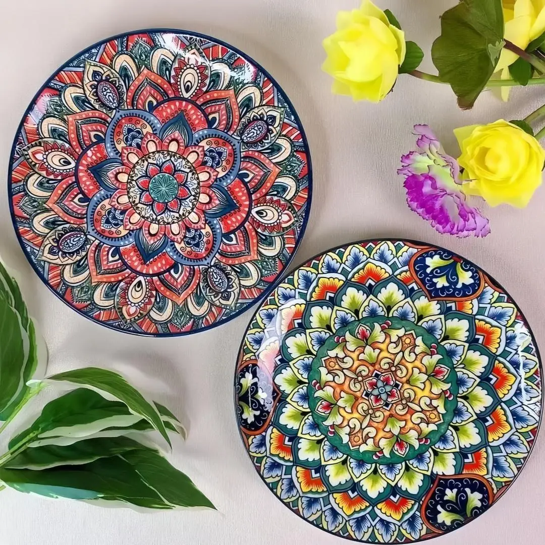 Boho Style Round Ceramic Plate, 1 Count Vintage Style Flower Pattern Dinner Plate, Creative Breakfast Plate, Salad Plate, Dessert Plate, Household Tableware, Round Plates