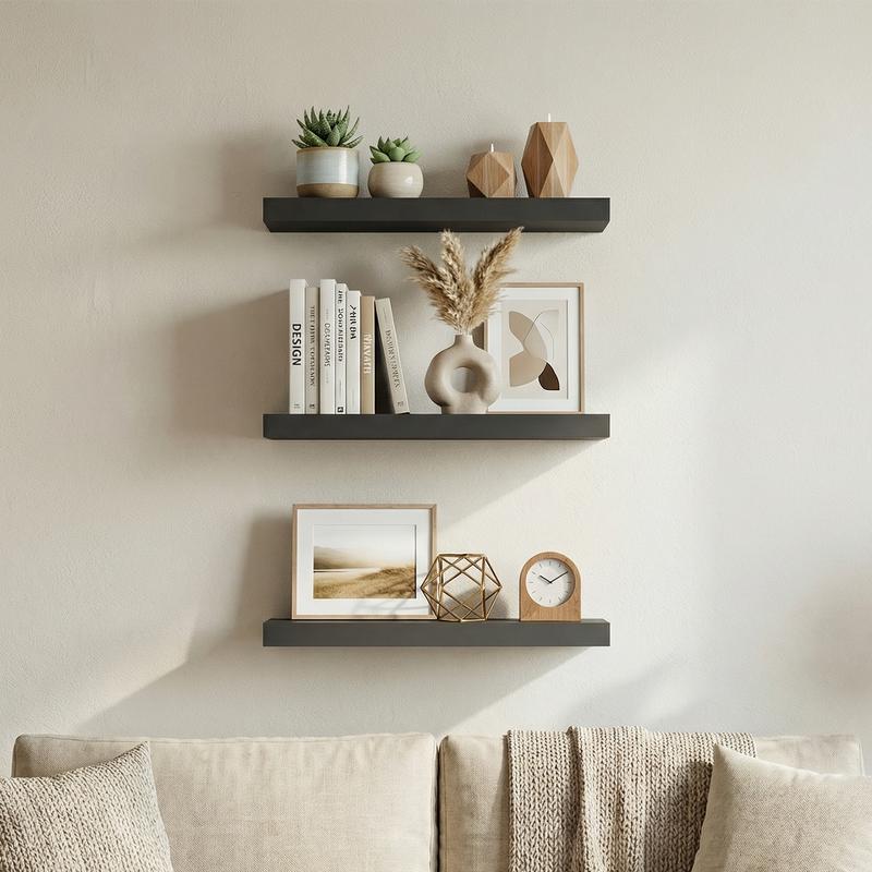 Spaco 14.9" Maple Black Floating Wall Shelves - Modern Wood Storage for Bathroom, Bedroom, Kitchen & Living Room (Invisible Brackets, Decorative & Functional for Books & Organization)