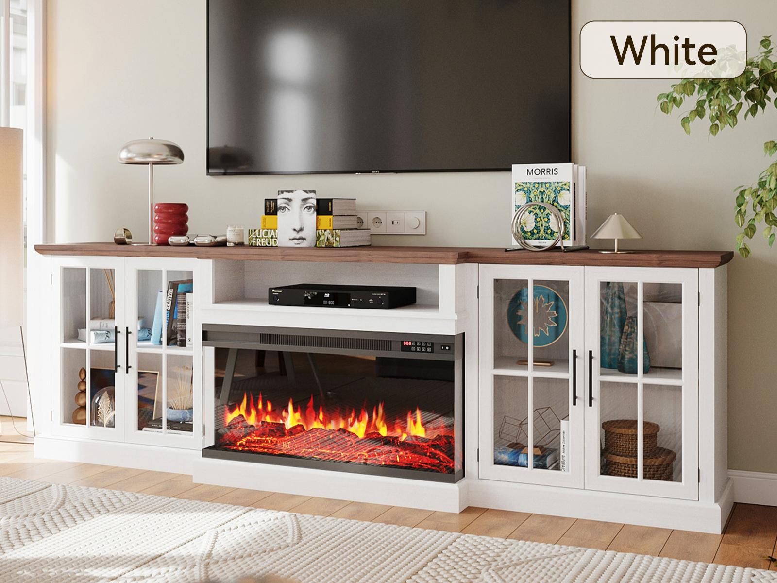 【2 Packages Shipping】 oneinmil 98" Farmhouse TV Stand with 36" Fireplace for TVs up to 100", Media Entertainment Center with Adjustable Shelves and Large Storage Cabinets, for Living Room, White & Black