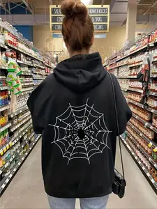 【Plus Size】 Spider & Spider Web Print Drop Shoulder Hoodie, Fashion Casual Drawstring Pocket Hooded Sweatshirt for Daily Holiday Outdoor Wear, Women Clothing for Fall & Winter