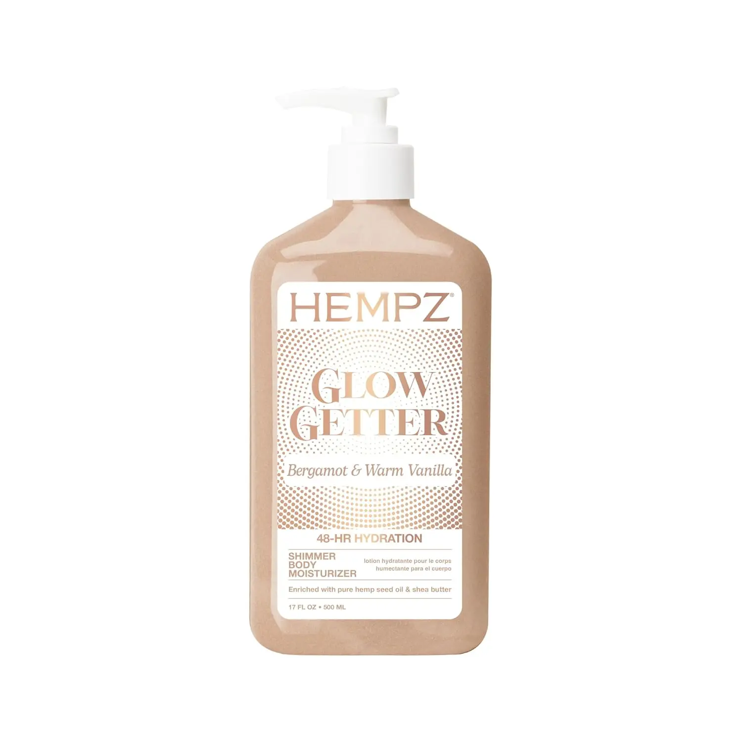 Hempz Glow Getter Moisturizing Body Lotion with Shimmer - 17 Fl Oz | Rose-gold Shimmer, Bergamot & Vanilla, Hemp Seed Oil for Dry Skin, 48-Hour Hydration, Vegan & Cruelty-Free, Paraben-Free